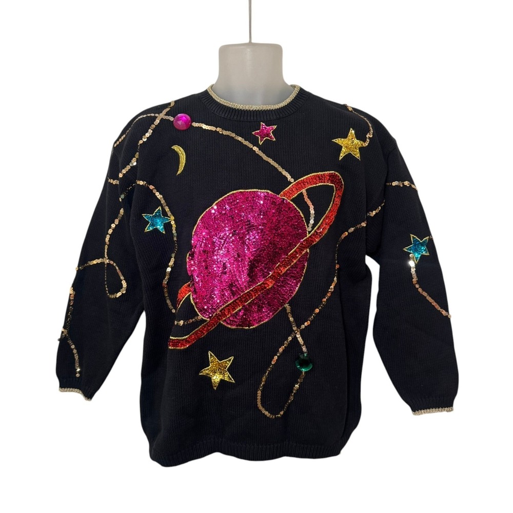 Vintage Celestial Sequin‎ Planet Sweater Black L Cosmic Hong Kong Unisex